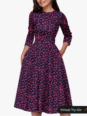 🌹💙 Simple Flavor Womens Floral Vintage Midi Dress 3/4 Sleeve - M - Orig. $37